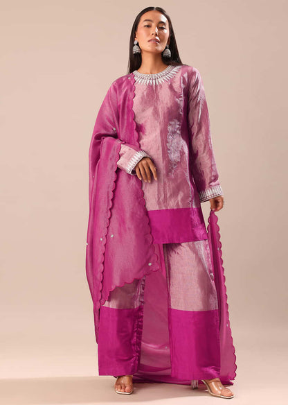 Pink Hand Embroidered Kurta Palazzo Set