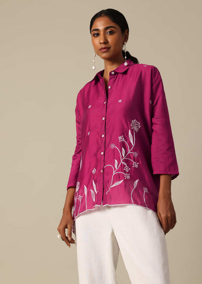 Pink Kurta And Pant Set In Cotton Silk