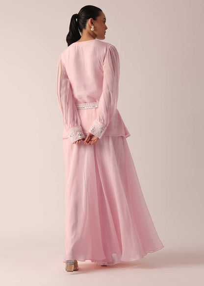 Pink Organza Kurta Palazzo Set With Mirror Work And Belt