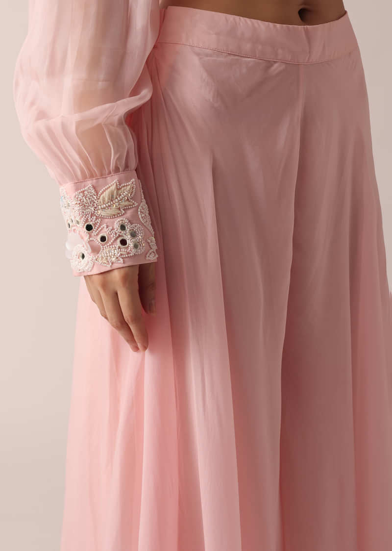 Pink Organza Kurta Palazzo Set With Mirror Work And Belt