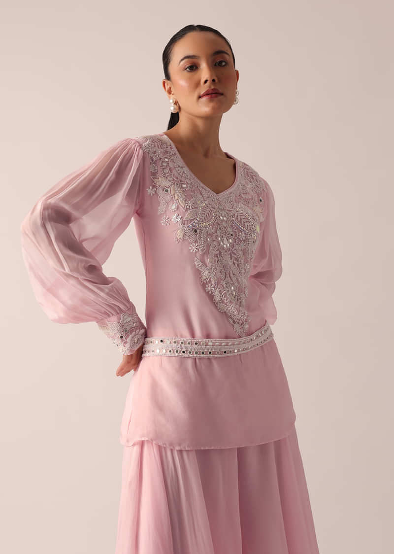 Pink Organza Kurta Palazzo Set With Mirror Work And Belt