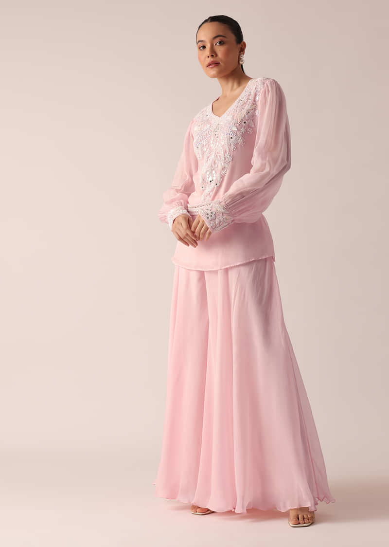 Pink Organza Kurta Palazzo Set With Mirror Work And Belt