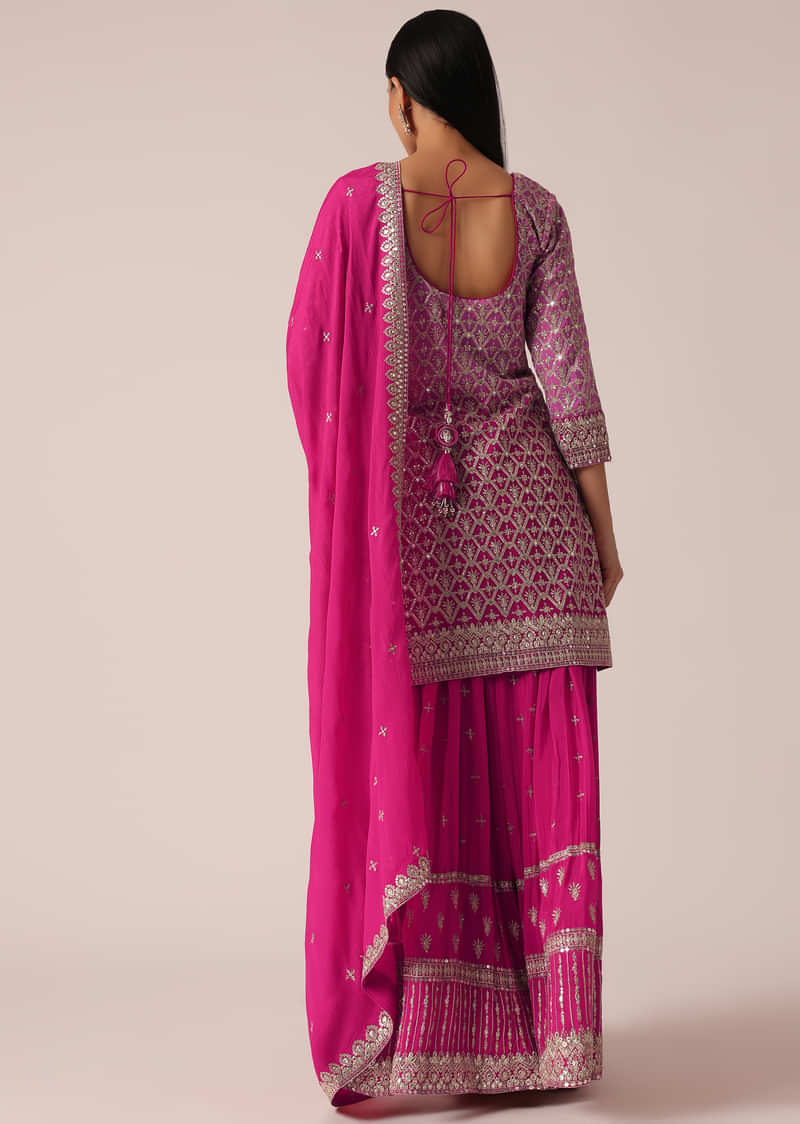 Pink Sequin Embellished Kurta Palazzo Set In Chanderi