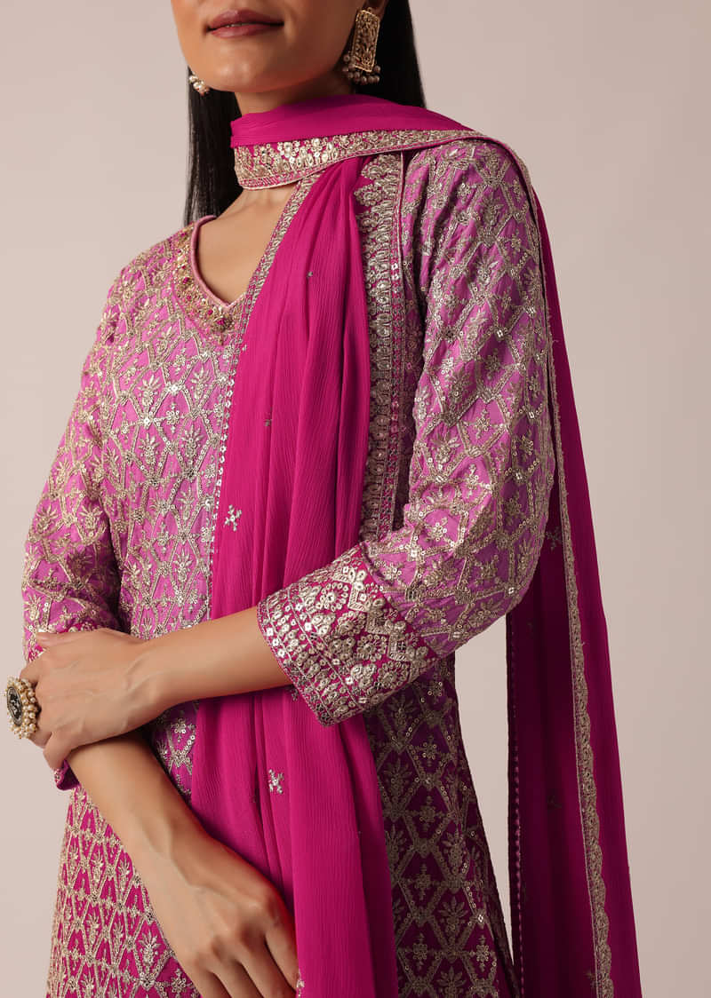 Pink Sequin Embellished Kurta Palazzo Set In Chanderi