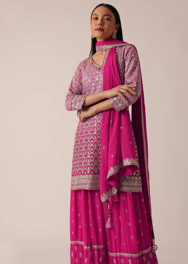 Pink Sequin Embellished Kurta Palazzo Set In Chanderi