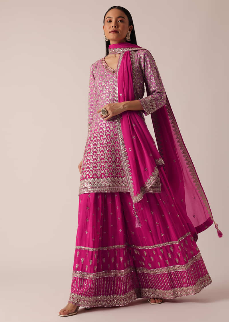 Pink Sequin Embellished Kurta Palazzo Set In Chanderi