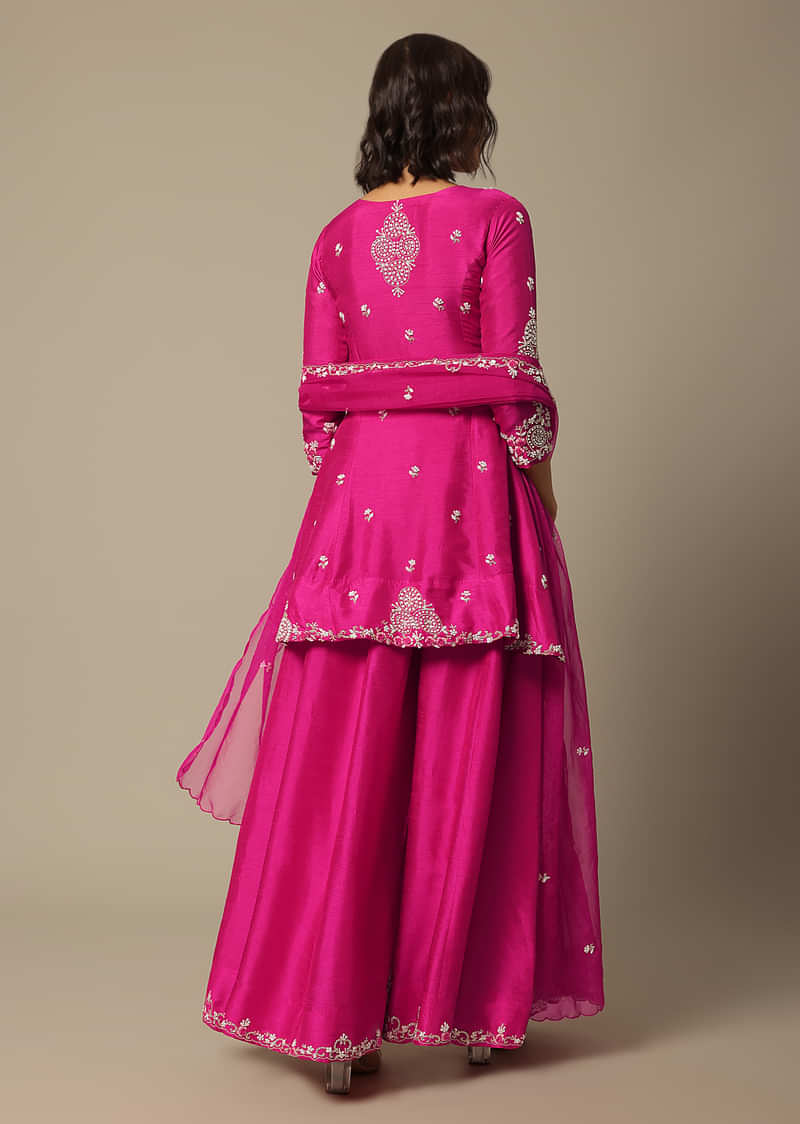 Pink Silk Embroidered Kurta Palazzo Set