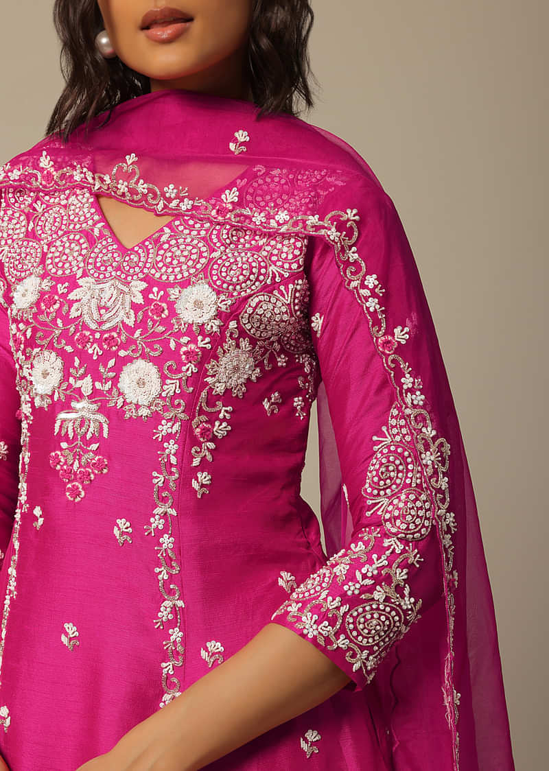 Pink Silk Embroidered Kurta Palazzo Set