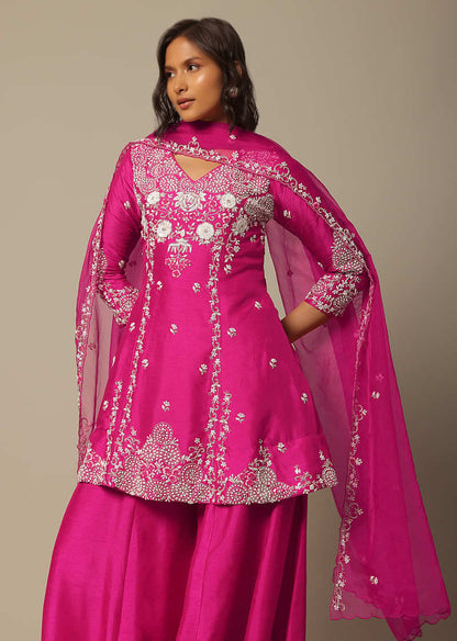 Pink Silk Embroidered Kurta Palazzo Set