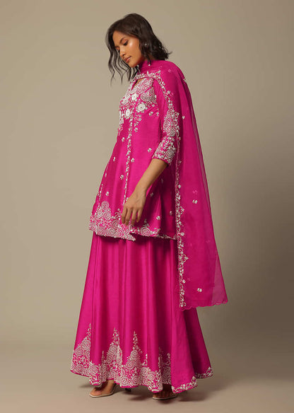 Pink Silk Embroidered Kurta Palazzo Set