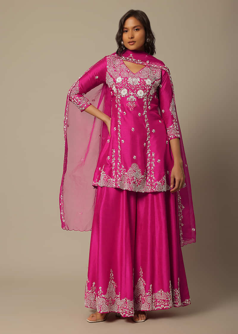 Pink Silk Embroidered Kurta Palazzo Set