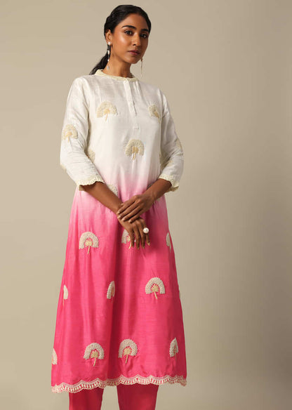 Pink Tie Dye Kurta Set In Cotton Silk