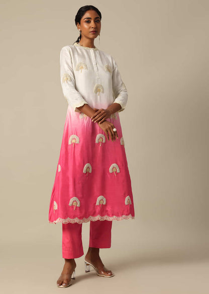 Pink Tie Dye Kurta Set In Cotton Silk