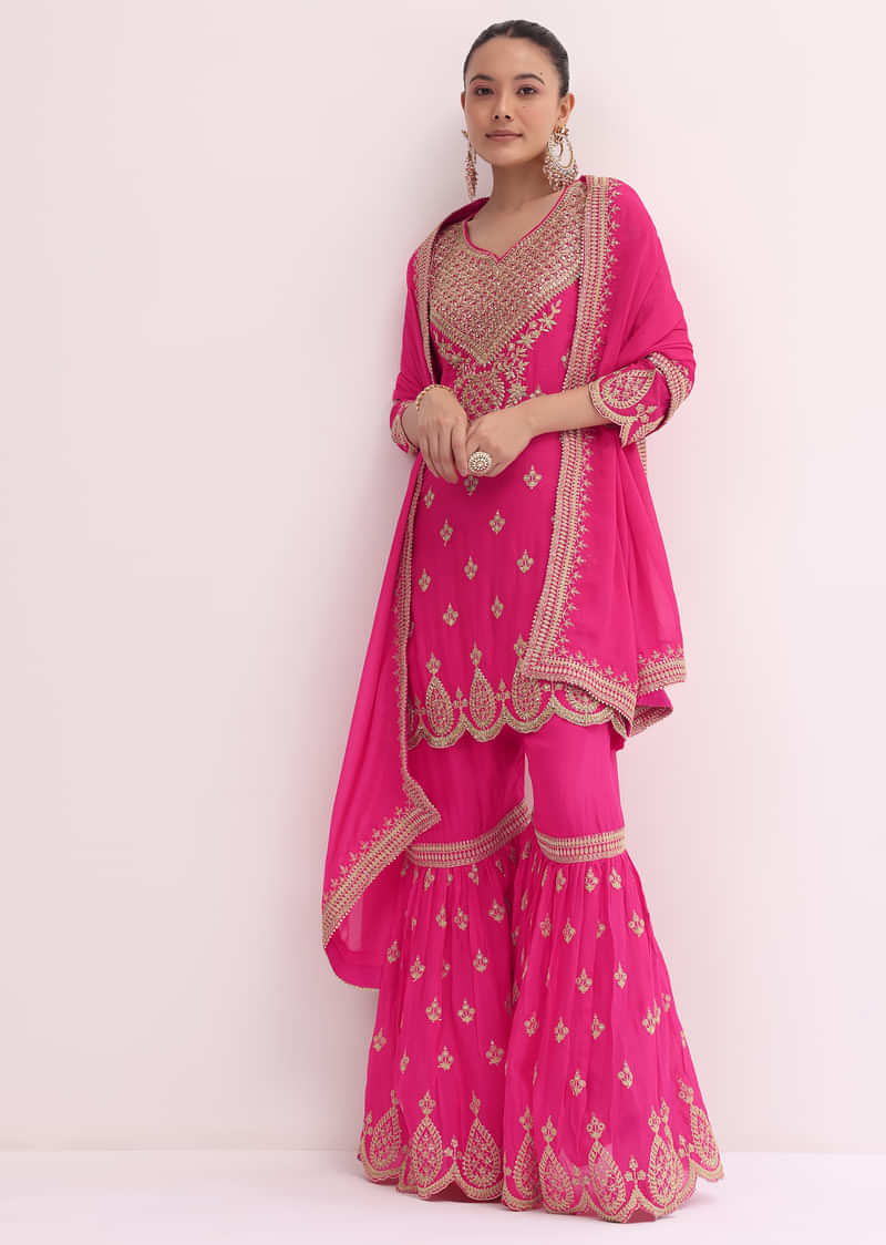 Pink Zari Embroidered Kurta Sharara Set