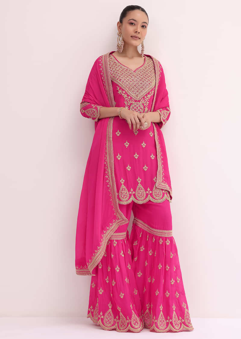 Pink Zari Embroidered Kurta Sharara Set