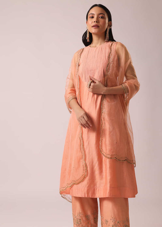 Powder Peach Chanderi Anarkali And Pant Set