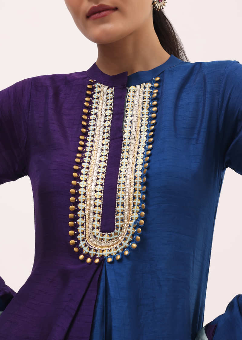 Purple And Blue Embroidered Kurta Pant