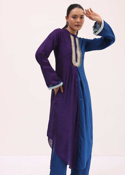 Purple And Blue Embroidered Kurta Pant