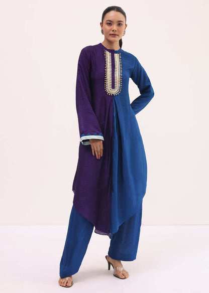 Purple And Blue Embroidered Kurta Pant