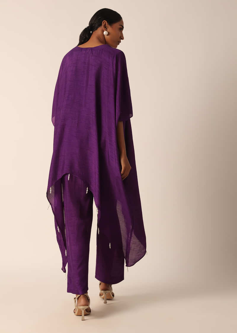 Purple Asymmetric Kaftan Kurta With Pants