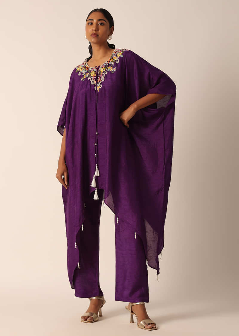 Purple Asymmetric Kaftan Kurta With Pants