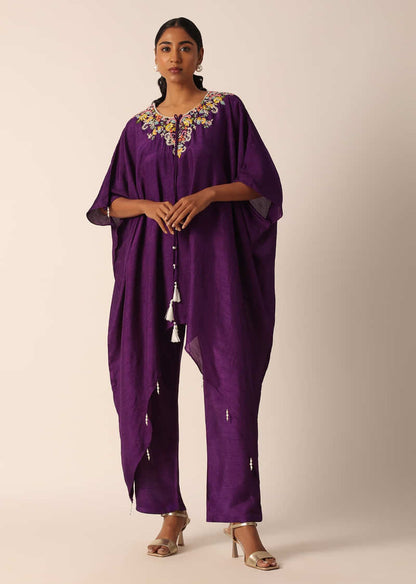 Purple Asymmetric Kaftan Kurta With Pants