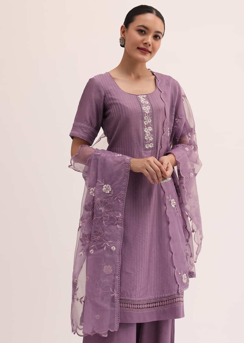 Purple Embroidered Kurta Palazzo Set