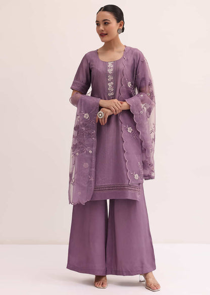 Purple Embroidered Kurta Palazzo Set