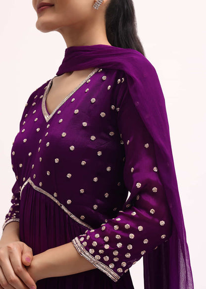 Purple Embroidered Kurta Set With Dupatta