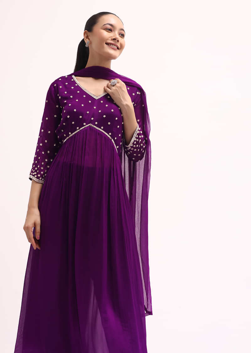 Purple Embroidered Kurta Set With Dupatta