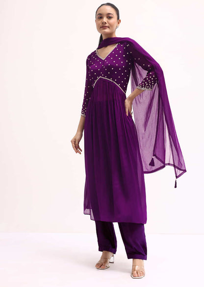 Purple Embroidered Kurta Set With Dupatta