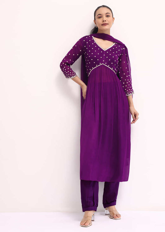 Purple Embroidered Kurta Set With Dupatta