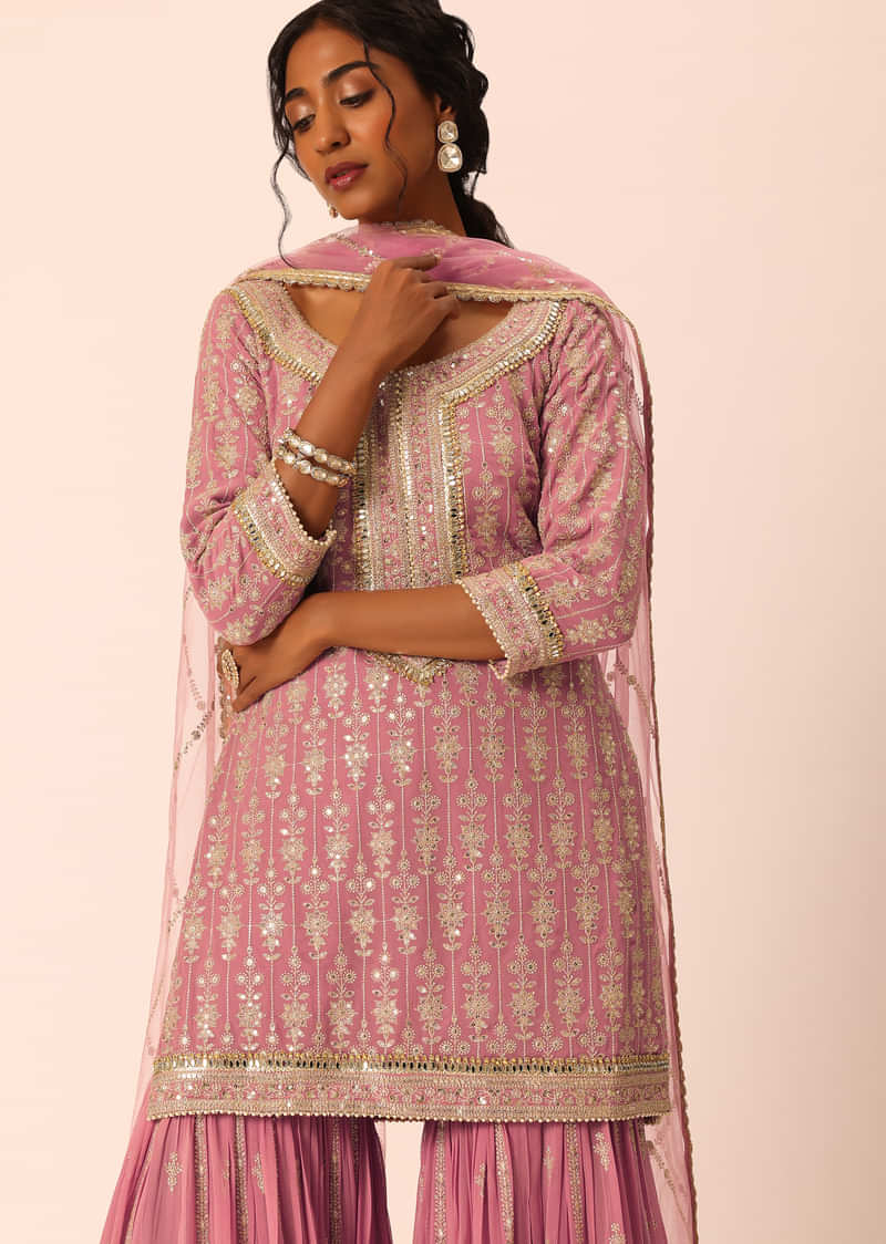 Purple Kurta Sharara Set In Chiffon With Sequin Work