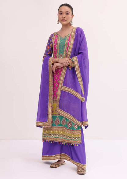 Purple Mullticoloured Kurta Palazzo Set