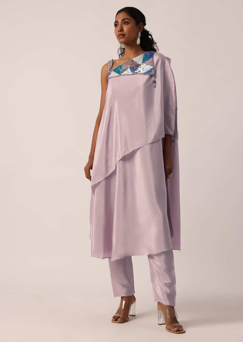 Purple One Shoulder Layered Kurta Set