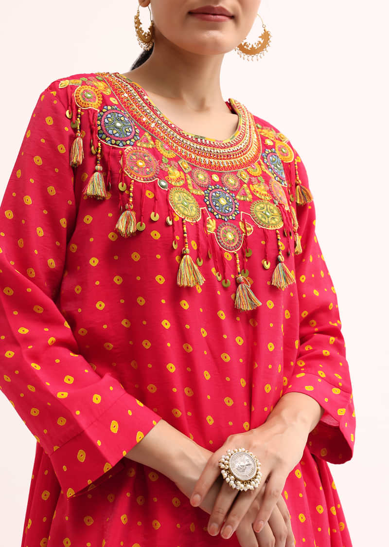 Red Embroidered Cotton Kurta Dhoti