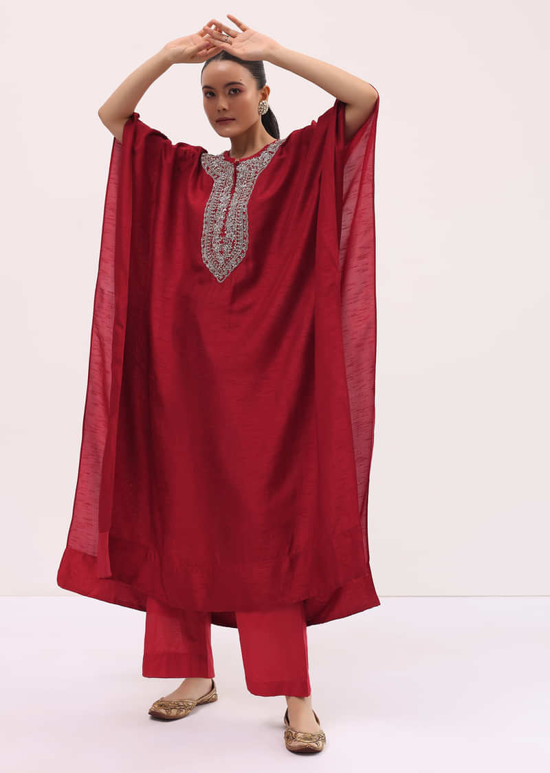 Red Embroidered Kaftaan Kurta Pant Set