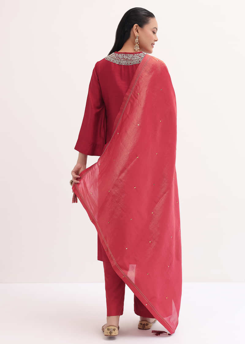 Red Embroidered Kurta Pant Set