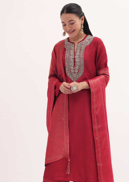 Red Embroidered Kurta Pant Set