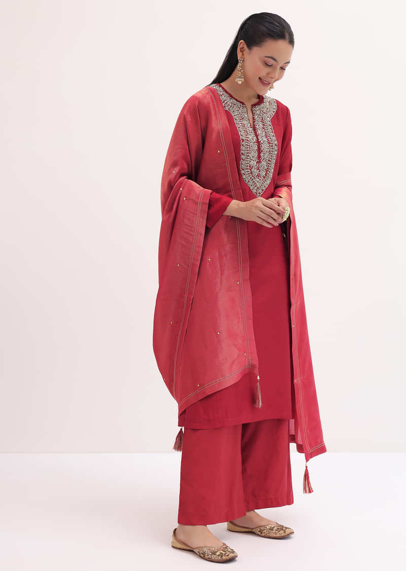 Red Embroidered Kurta Pant Set