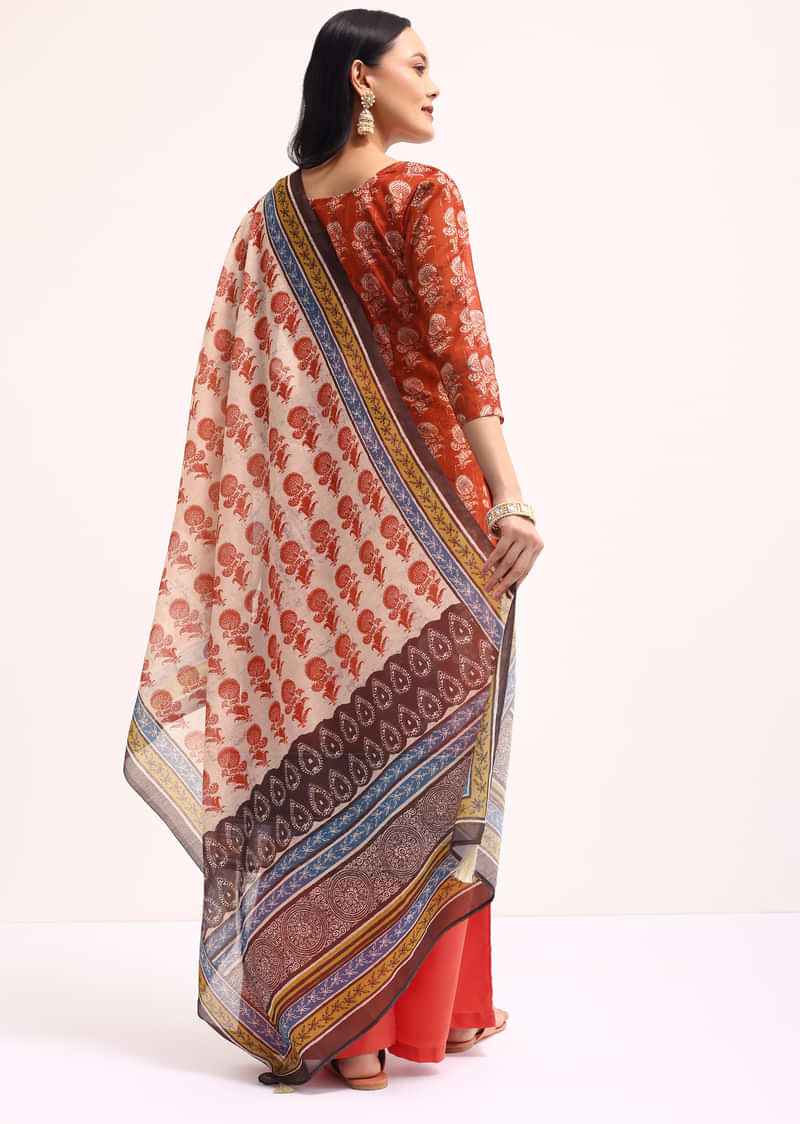 Red Printed Chanderi Kurta Palazzo Set