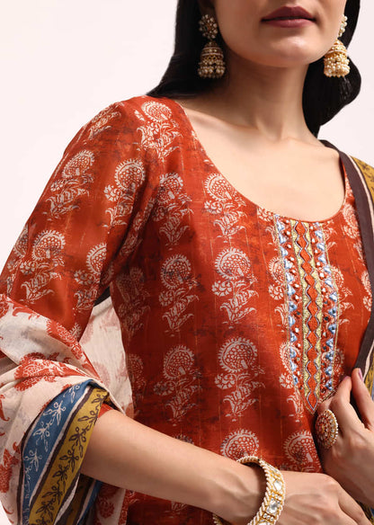 Red Printed Chanderi Kurta Palazzo Set