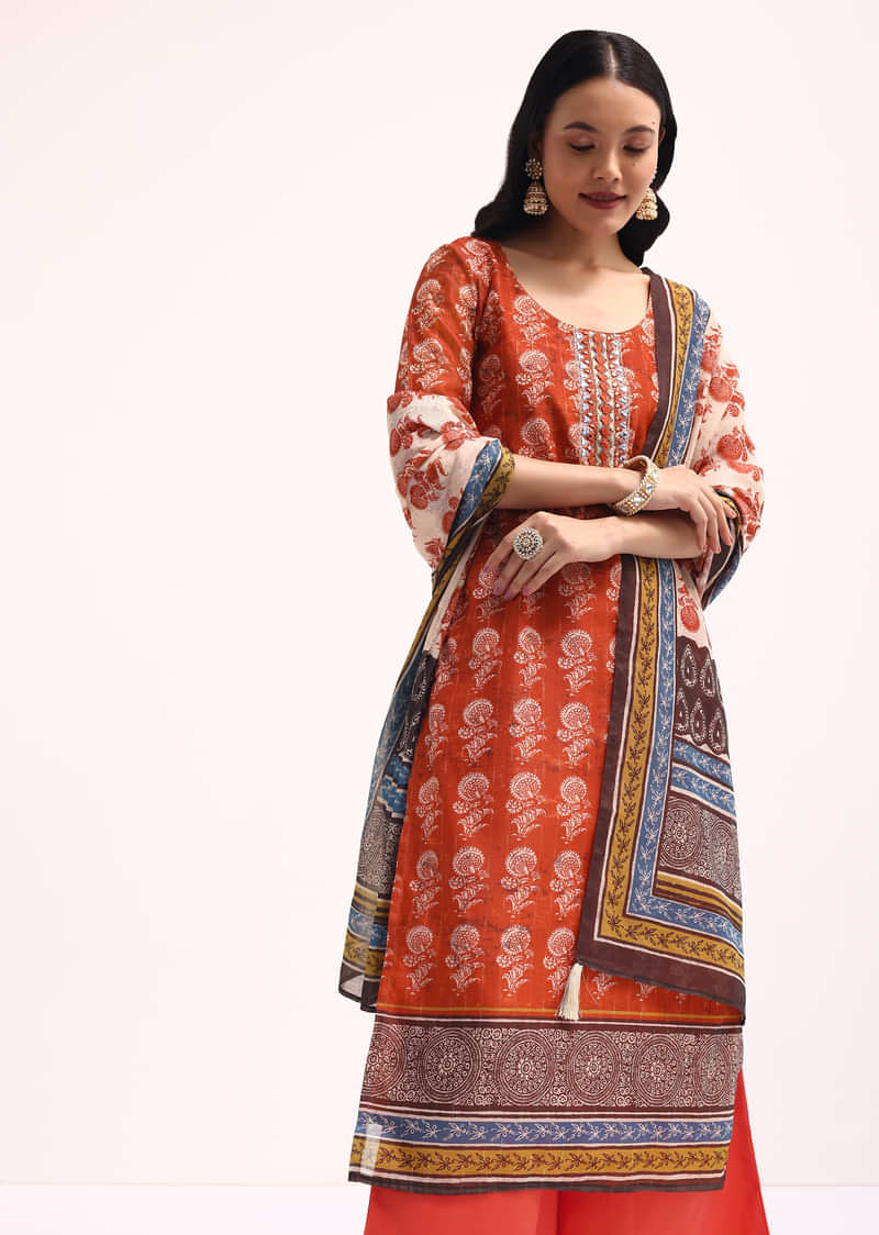 Red Printed Chanderi Kurta Palazzo Set