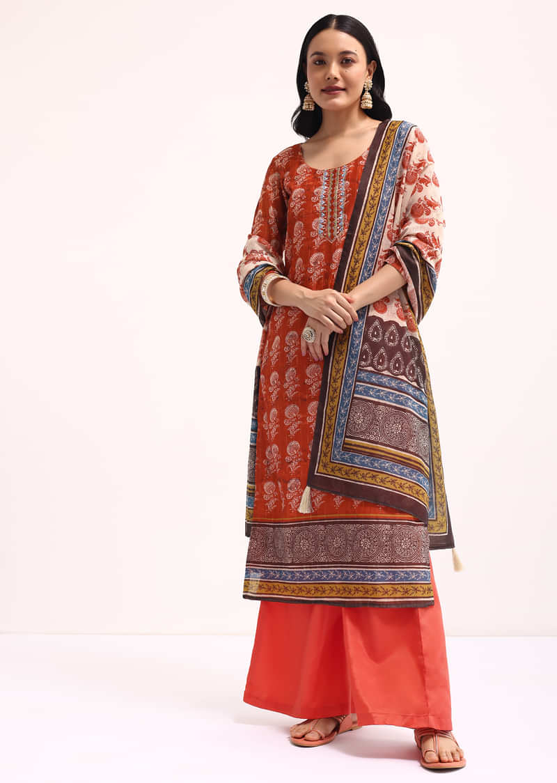 Red Printed Chanderi Kurta Palazzo Set