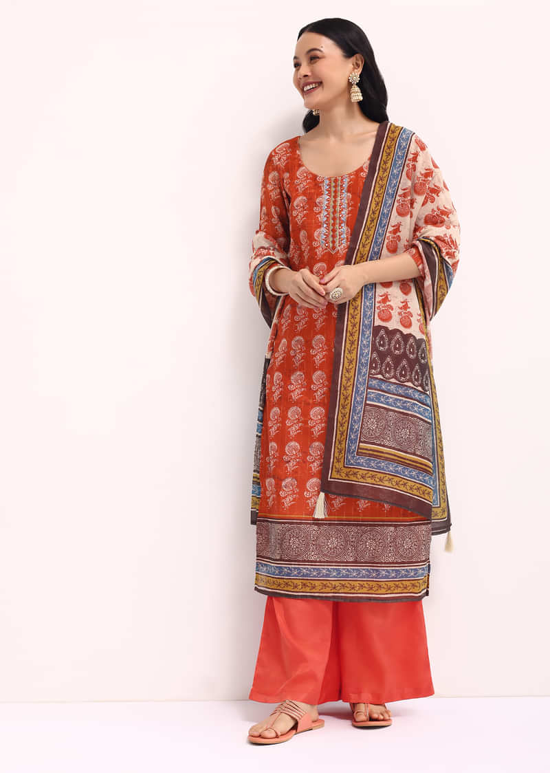 Red Printed Chanderi Kurta Palazzo Set