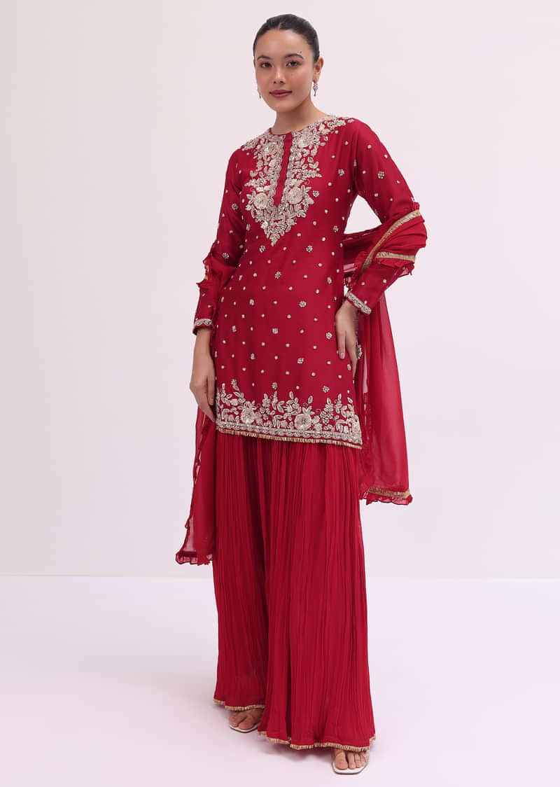 Red Embroidered Silk Kurta Palazzo Set