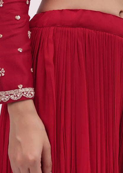 Red Embroidered Silk Kurta Palazzo Set