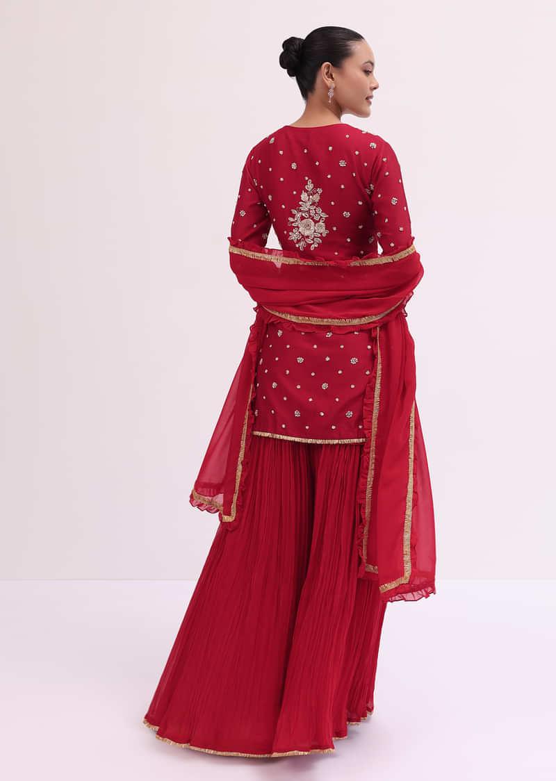 Red Embroidered Silk Kurta Palazzo Set