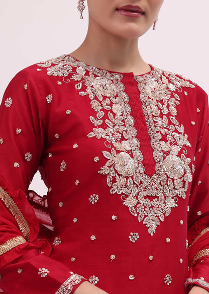 Red Embroidered Silk Kurta Palazzo Set