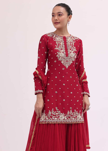 Red Embroidered Silk Kurta Palazzo Set